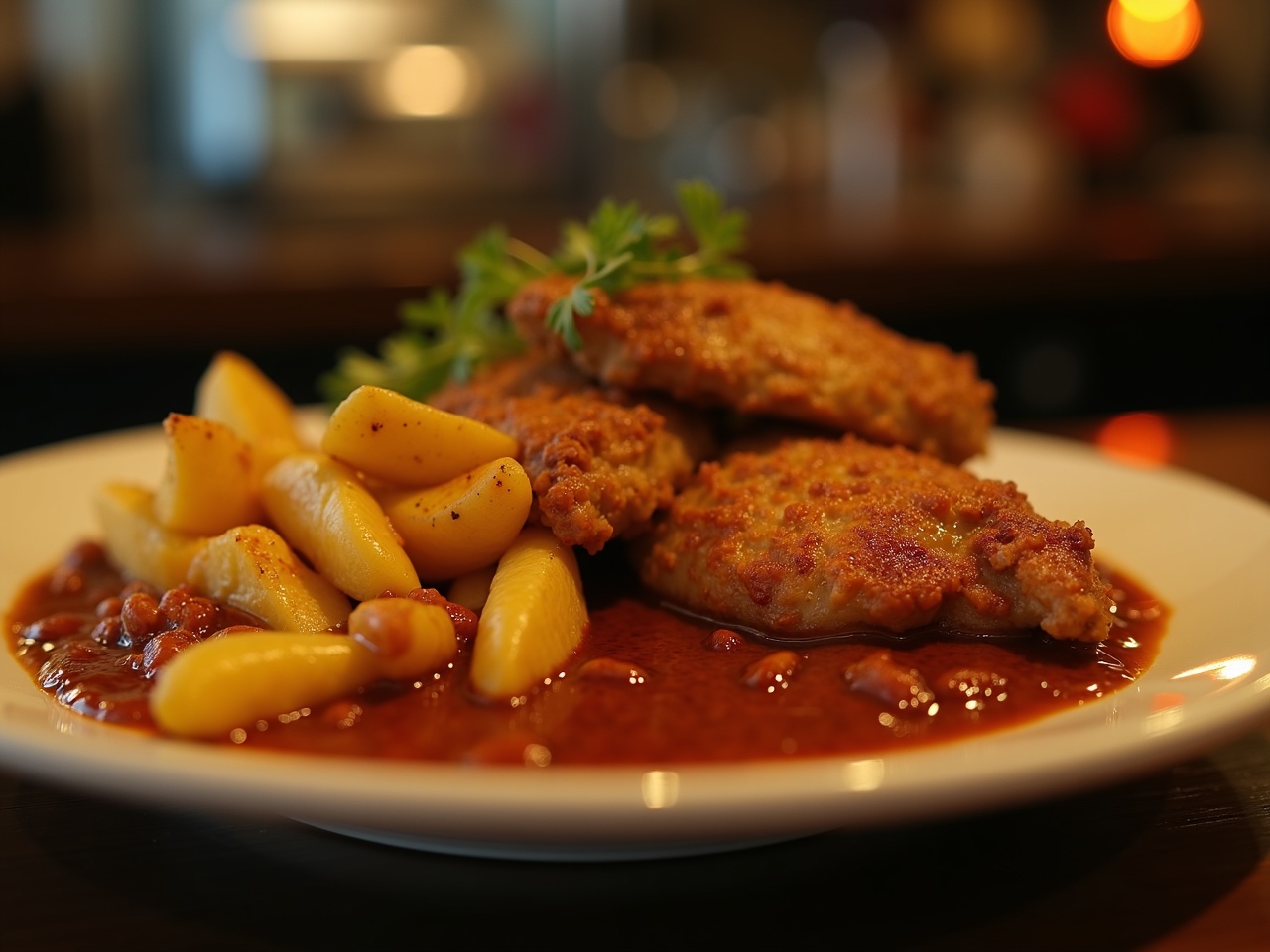 Medio pollo dorado junto a papas bravas en un plato de barro