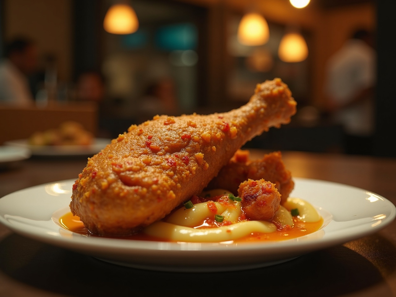 Muslo de pollo asado sobre puré blanco, con ramitas de romero