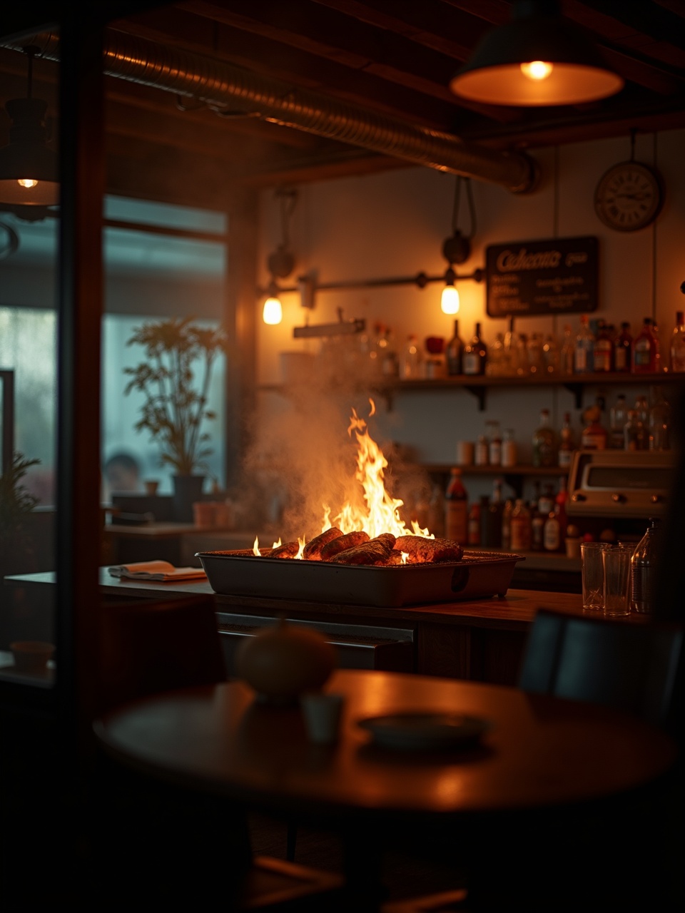 Interior del local con tuberías de cobre a la vista y la parrilla de carbón encendida al fondo